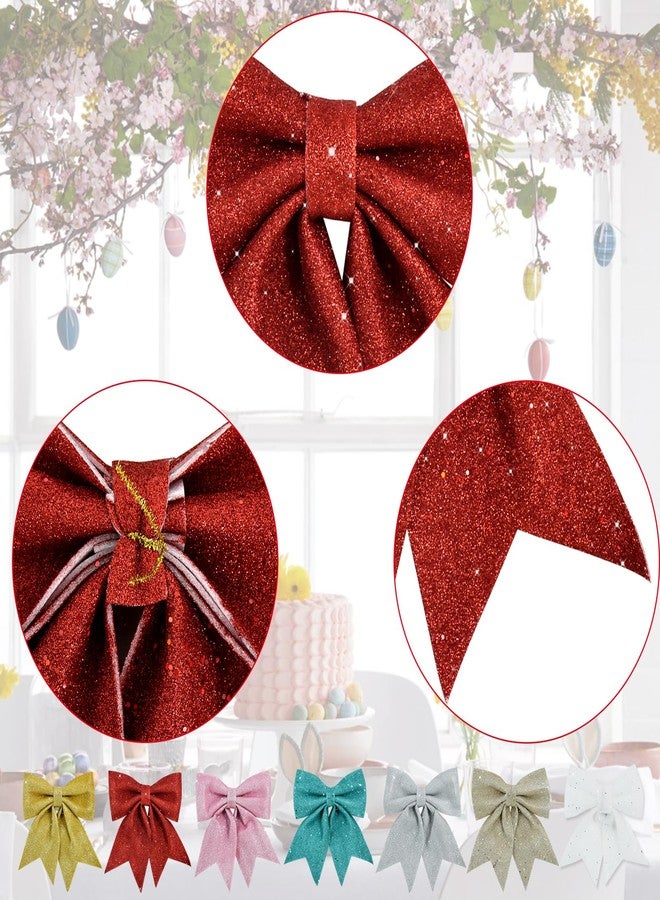 TONIFUL 6pcs Shiny Bow Pink Christmas Glitter Twist Tie Bows for Decoration Gift Box Wrapping, Christams Baskets Decor, Wedding Birthday Festival Party Decoration(5x5Inch/pcs) - Image 3
